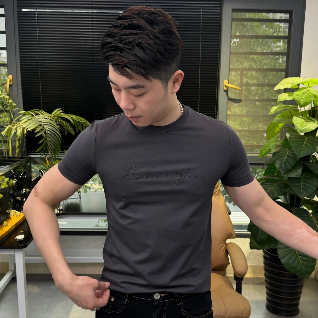 男士修身白T打底衫上衣T恤夏季烫钻时尚弹力款短袖男士打底衫T15