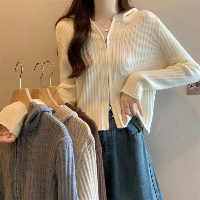 新款设计感双拉链连帽毛针织衫女装显瘦针织开衫宽松春秋毛衣上衣
