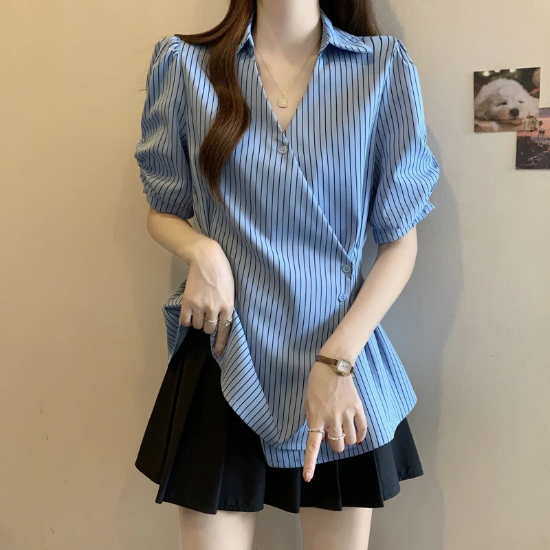 独特别致Polo领开衫上衣大码女装夏季法式胖mm百搭显瘦泡泡袖衬衫