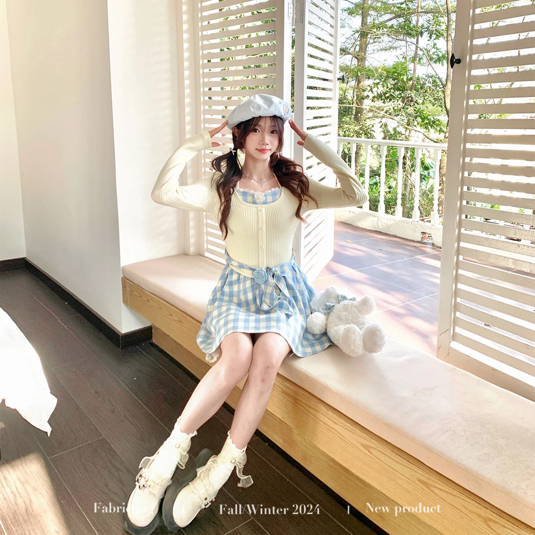 茉莉花茶 织物猪原创 韩系甜美假两件连衣裙女小个子格纹a字短裙