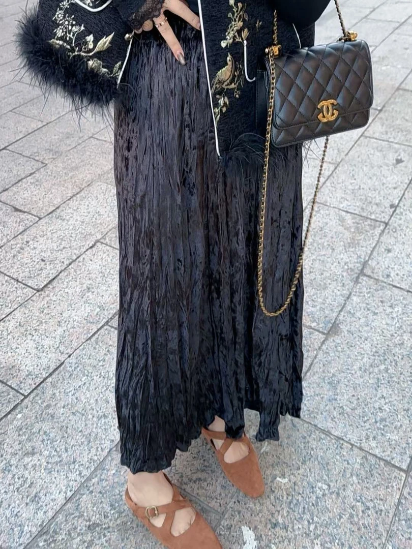 大顾家【亮面丝绒】松紧腰半身皱皱裙