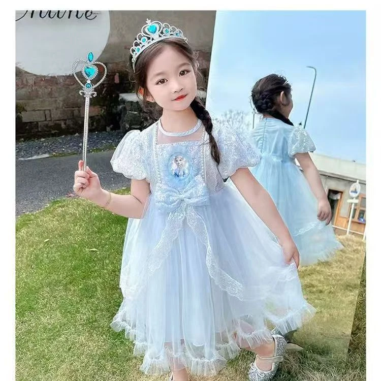 爱莎公主裙女童夏款宝宝生日礼服爆款网红冰雪奇缘短袖公主裙