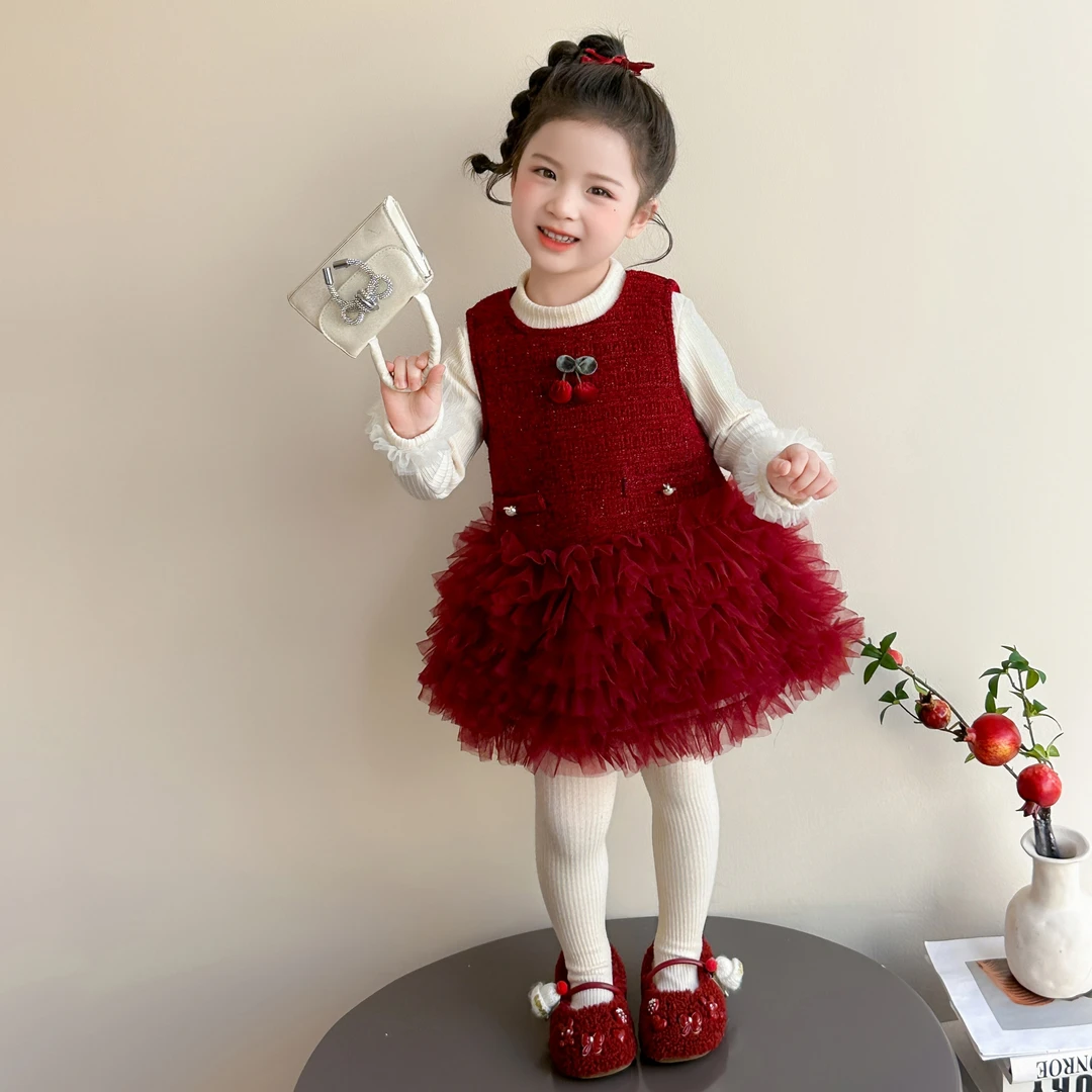 女童小香风连衣裙套装加绒女宝宝红色新年拜年服加厚儿童公主裙子