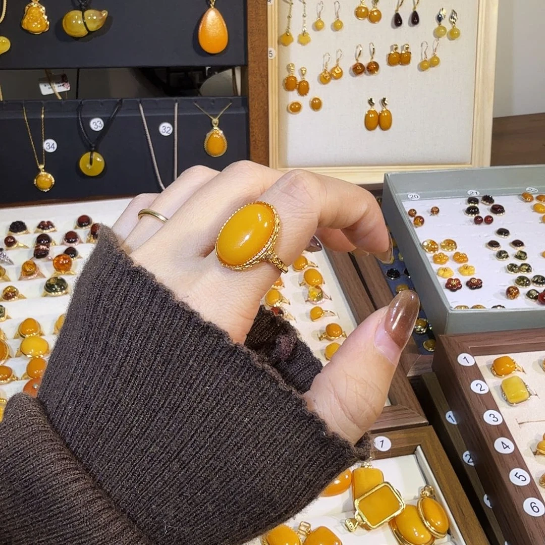 蜜蜡银S925镀金镶嵌戒指