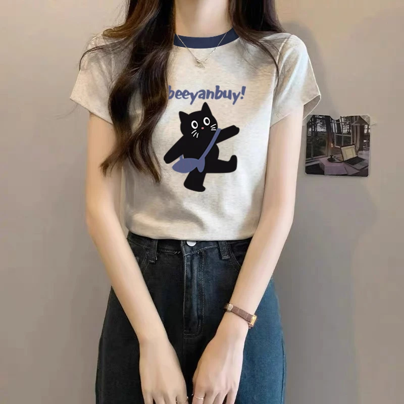 2025新款正肩纯棉短袖t恤女ins休闲百搭插色洋气撞色灰色上衣夏季