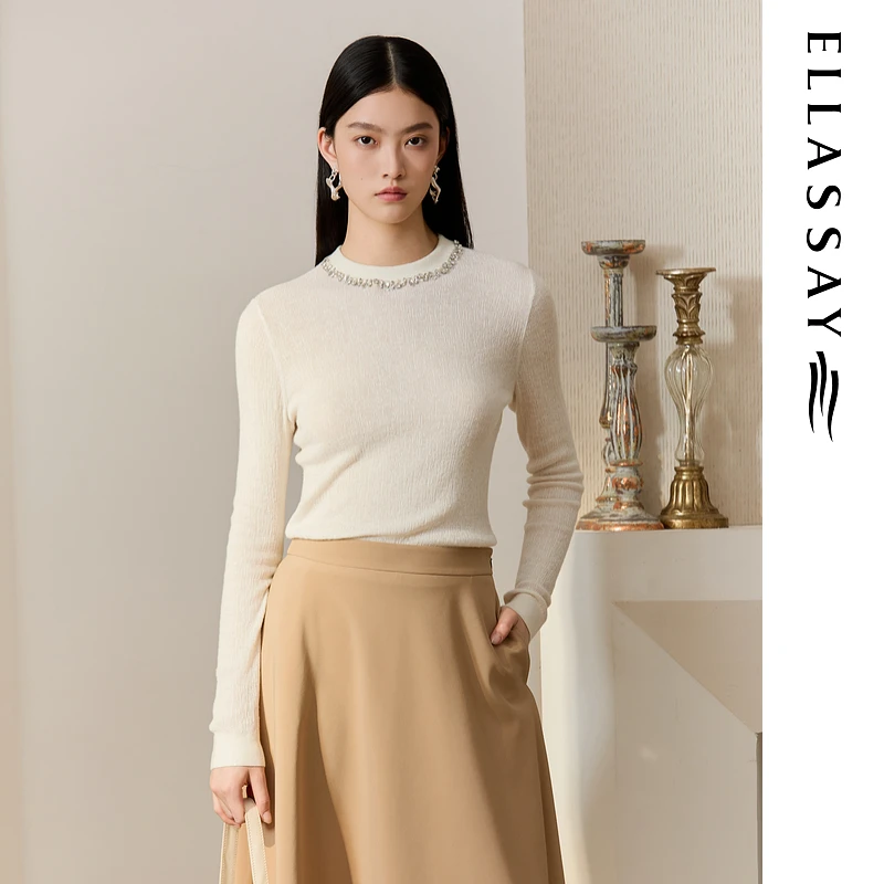ELLASSAY歌力思2025秋季新款半环领珠饰圆领针织衫女EWU363M0100