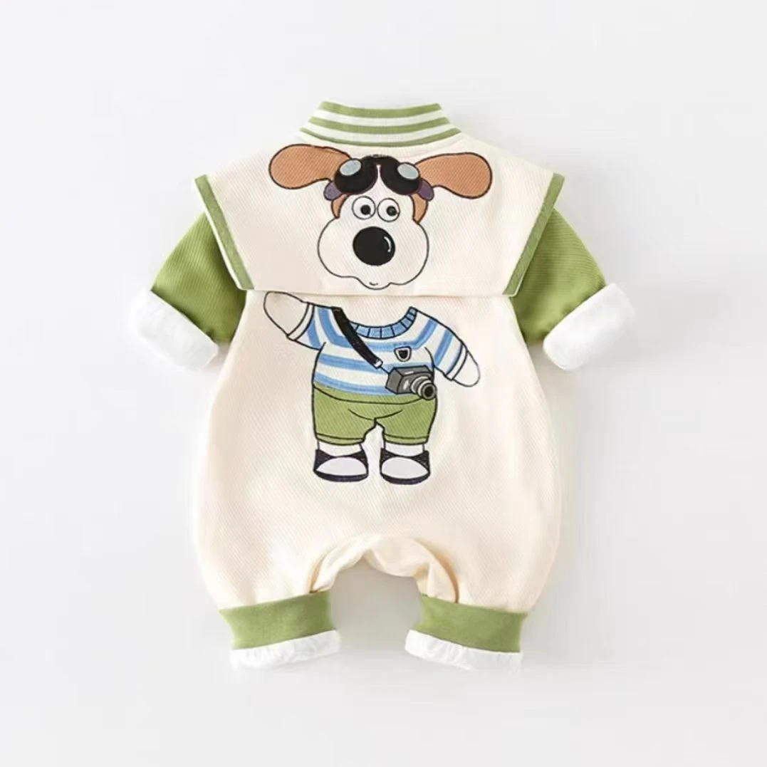 春秋季新款男女宝宝婴幼儿双层挎包狗狗学院风连体衣哈衣爬服