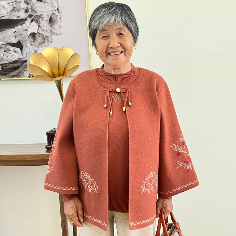 奶奶装秋装洋气新款针织两件套女中老年妈妈装秋季新中式国风套装