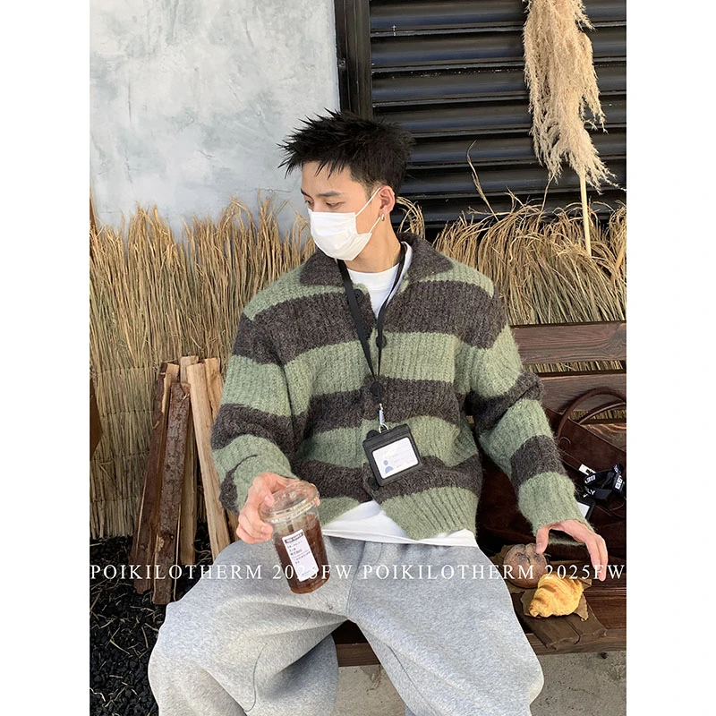 PLTH*韩系慵懒复古条纹撞色开衫冬季氛围感宽松软糯羊毛毛衣外套