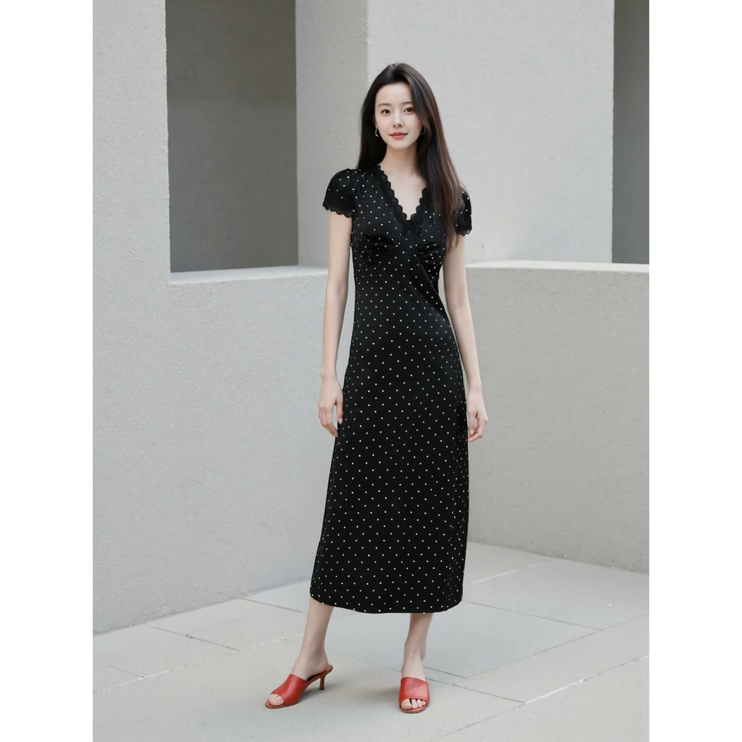 【TK】2025夏季新款V领蕾丝花边设计黑色波点显瘦连衣裙HCZX622282