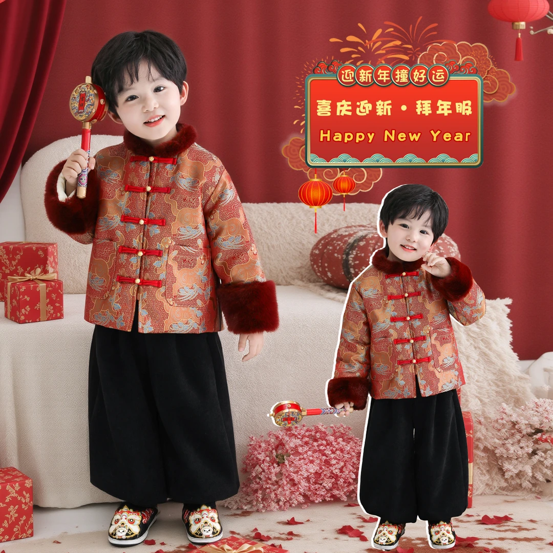 男童拜年服儿童冬季喜庆汉服冬季加厚周岁抓周仪式衣服小少爷套装