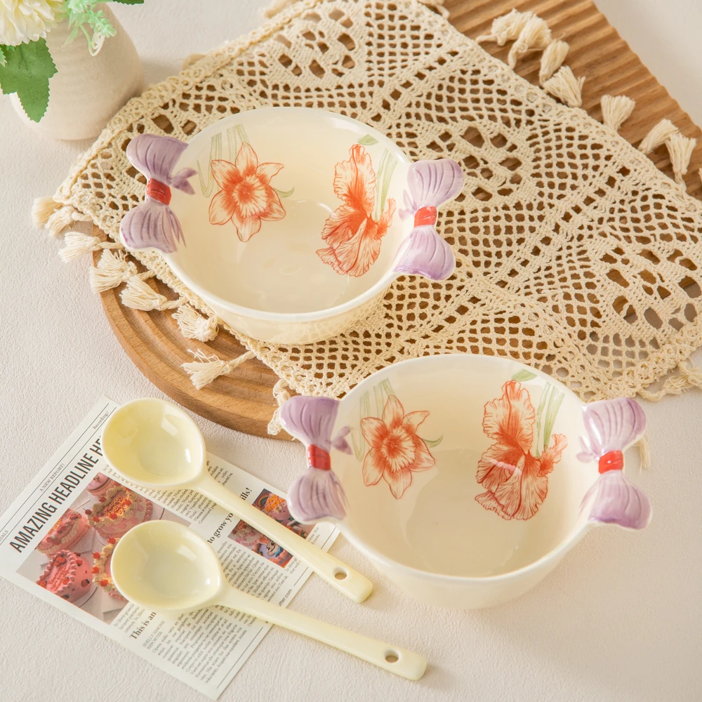 美二烧陶瓷餐具清新画沙系列6.8英寸蝴蝶结双耳面碗甜品碗带勺子