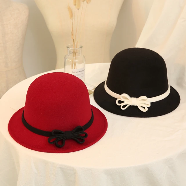 韩国毛呢小礼帽春秋冬季欧美复古蝴蝶结圆顶白色渔夫盆帽子英伦女