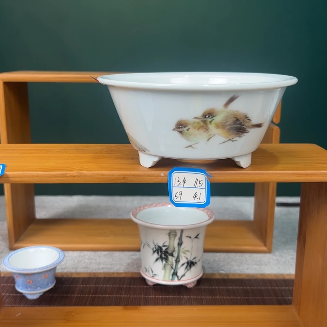 陶福利手工粉彩花鸟中号花盆