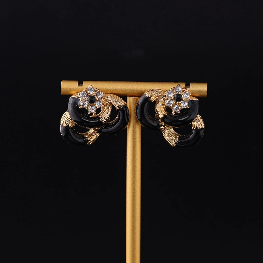 黄铜锆石耳饰 中古vintage黑色珐琅锆石镶嵌花朵耳钉