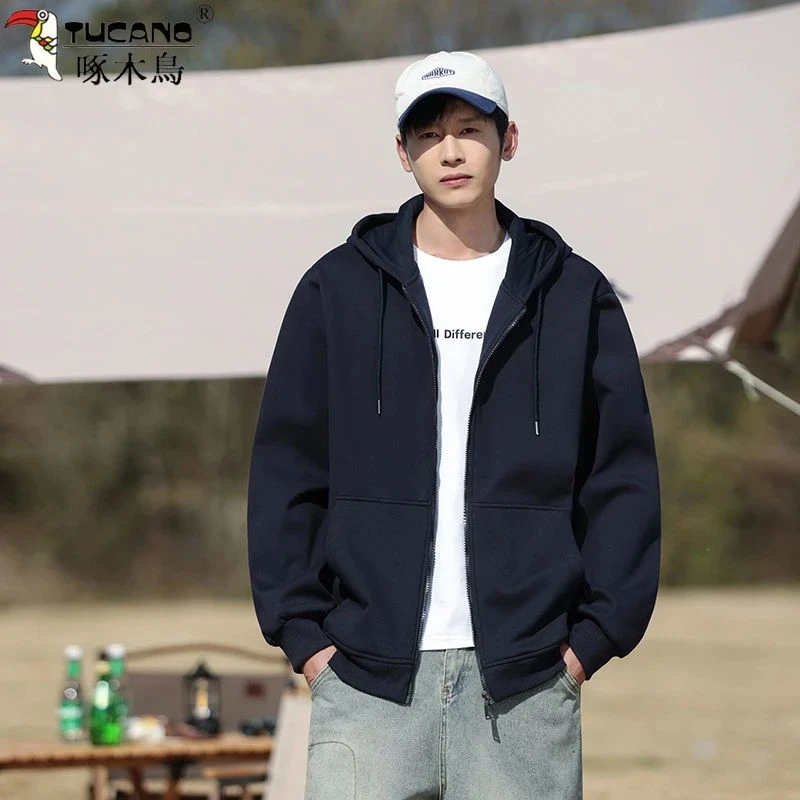 啄木鸟秋冬加绒新款卫衣男士休闲运动宽松防风保暖连帽开衫外套男