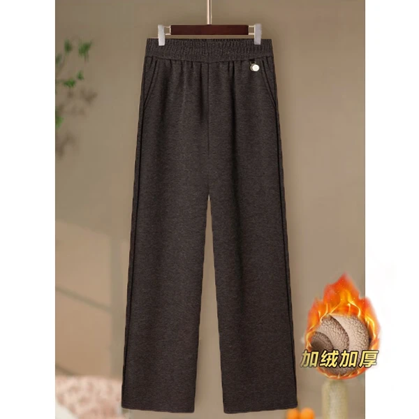 【涧蓝正品】冬季新款松紧腰加绒毛呢长裤子女保暖纯色直筒裤洋气