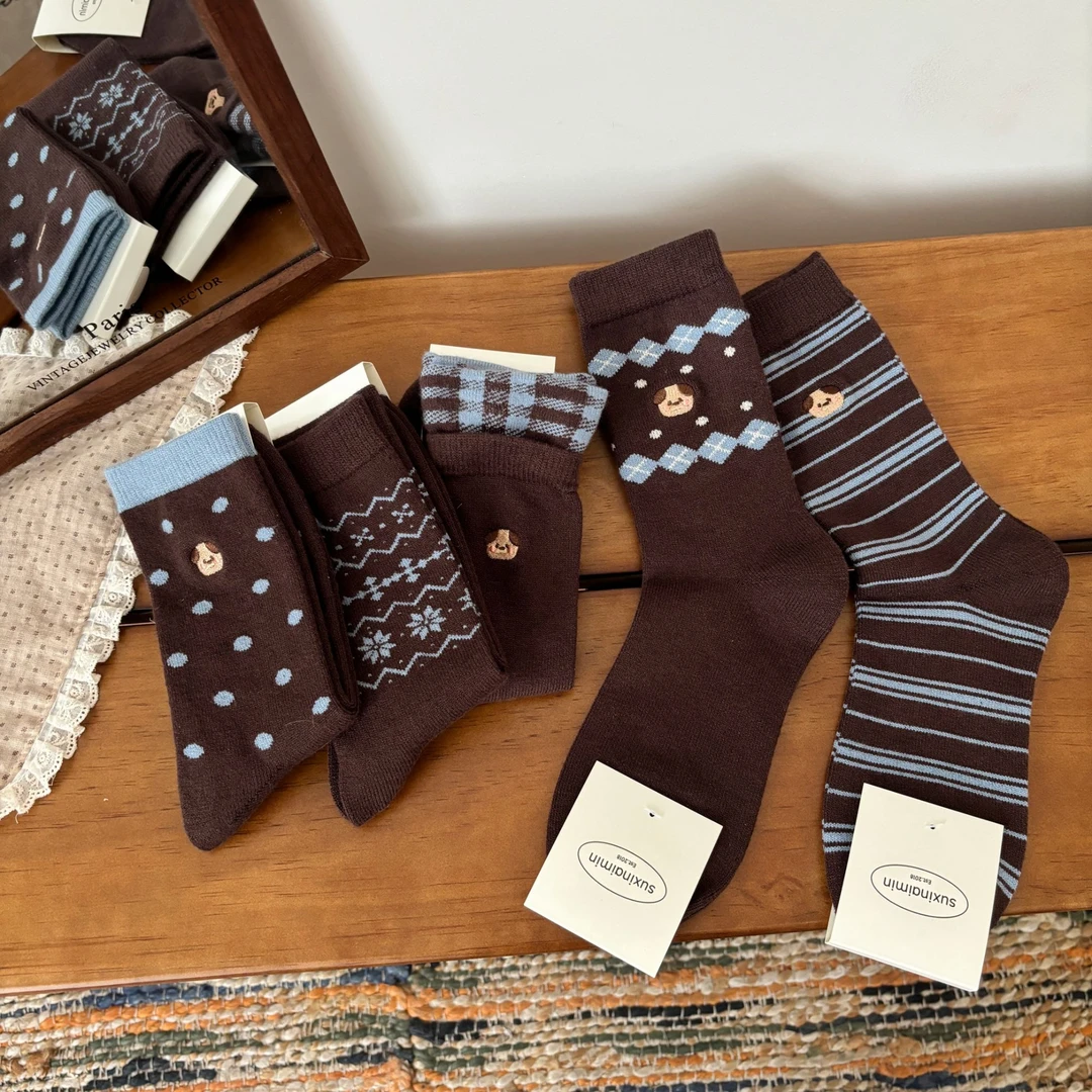 【蓝咖小狗】刺绣韩版学生风百搭厚款条纹透气休闲风冬季保暖中筒袜