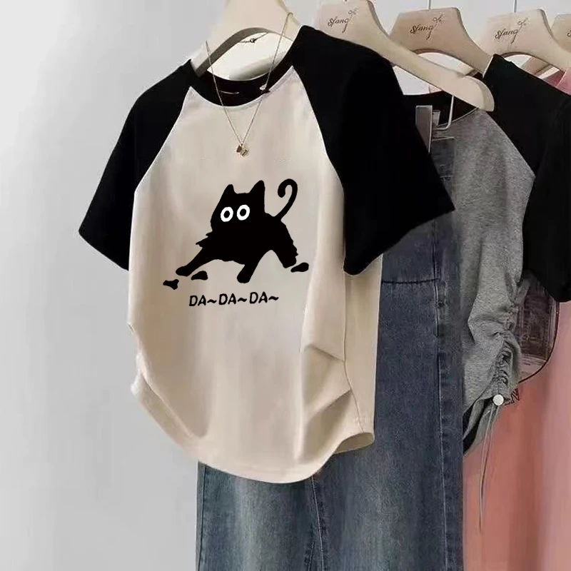 女童夏季新款插肩纯棉短袖T恤休闲可爱小狗印花圆领百搭半袖上衣