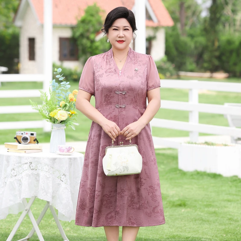 高贵气质妈妈装连衣裙大码显瘦新中式国风时尚女装薄款夏季a字裙