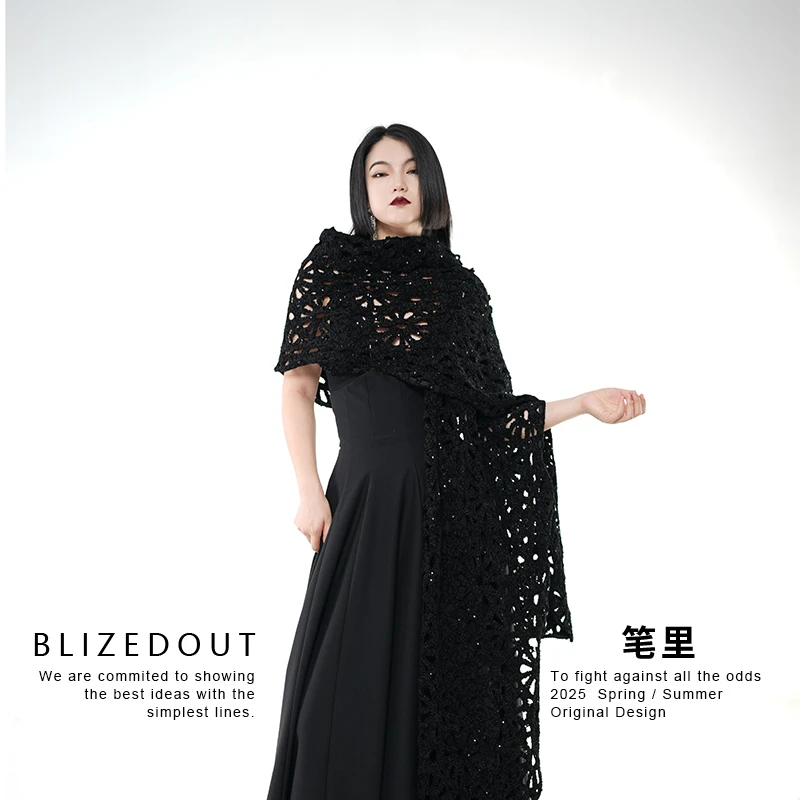 笔里【BLIZEDOUT】独立设计5092705黑色镂空长款秋冬女士围巾披肩