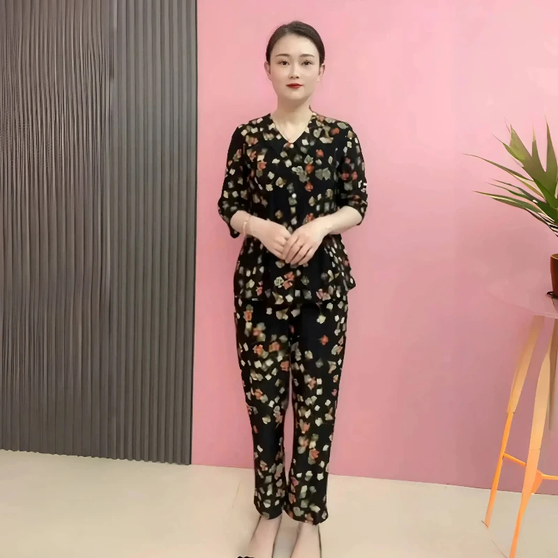 七分袖春夏新款中老年妈妈装时尚显瘦上衣洋气娃娃领大码长裤套装