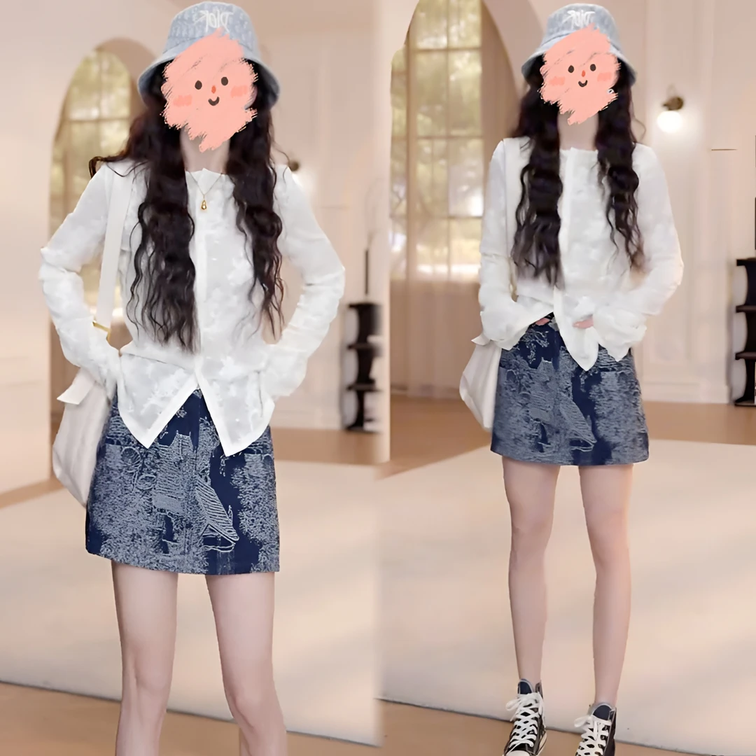 2025夏季新款纯色提花长袖开衫防晒百搭洋气短裙裤气质时尚套装女