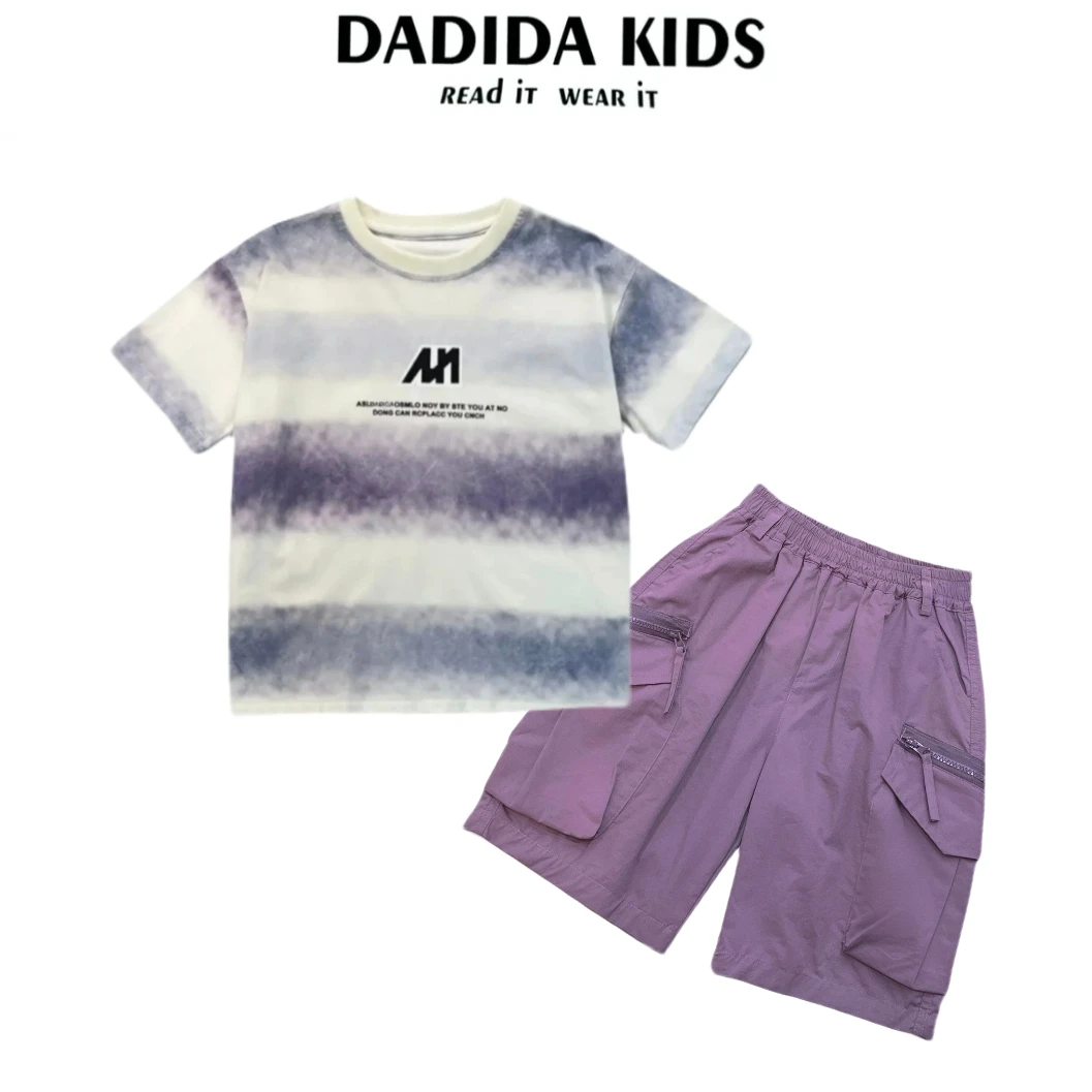 dadida/嗒嘀嗒夏季男童字母印花条纹扎染休闲套装XiaTZ0014