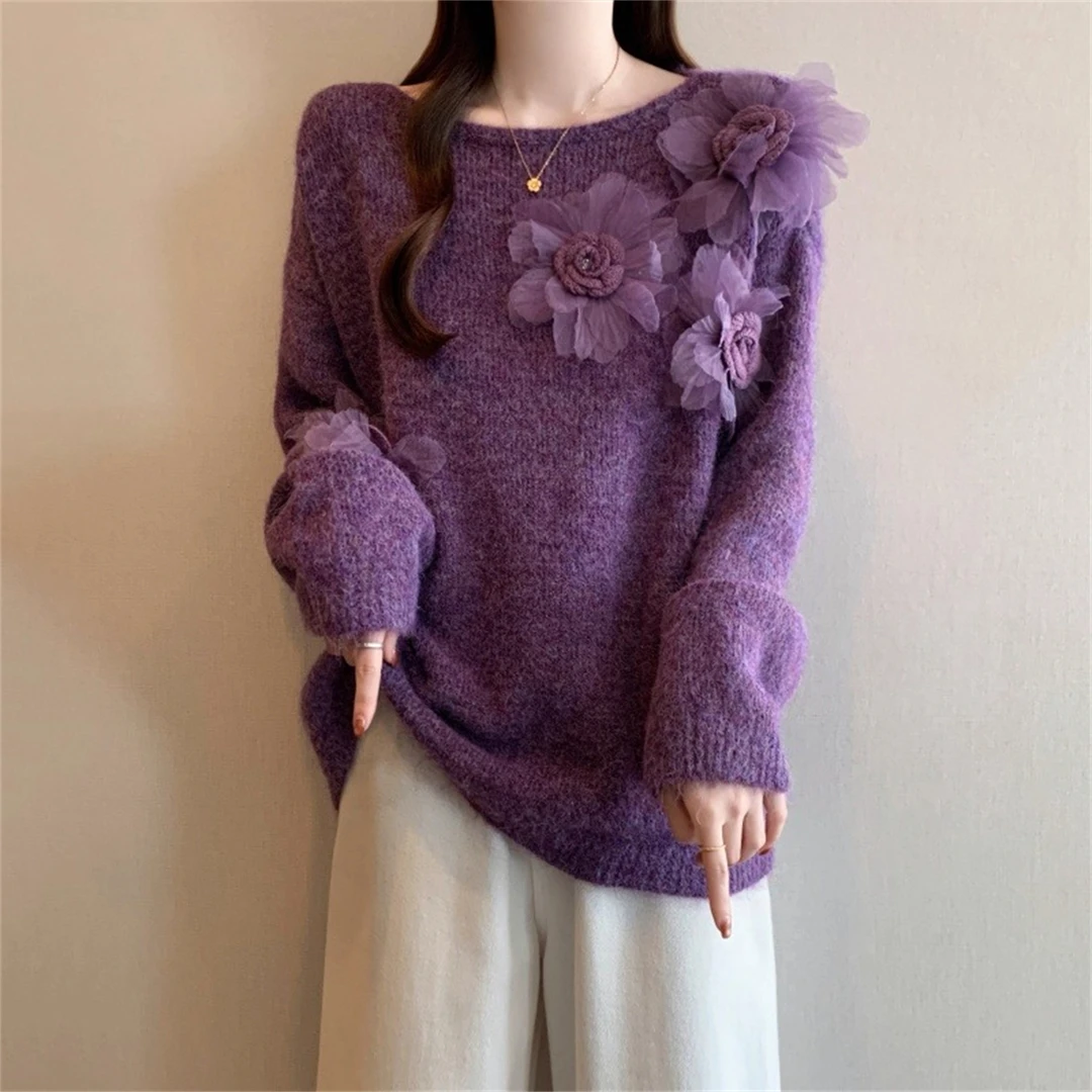 大码胖MM立体花朵针织打底衫毛衣女秋冬新款设计感宽松超好看上衣