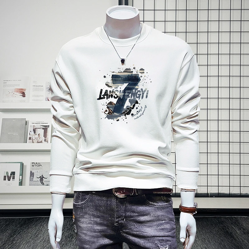 男秋冬新品上衣时尚简约百搭修身款印花圆领卫衣加绒长袖打底5290