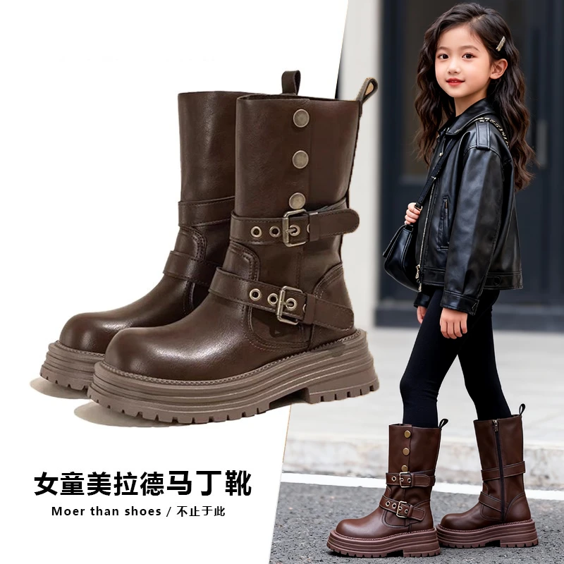 女童鞋子2025年秋冬新款儿童加绒保暖马丁靴黑色休闲皮靴休闲棉鞋