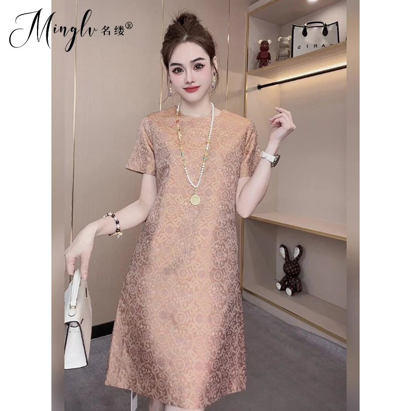 夏季新款茶歇法式名媛风阔太太提花醋酸缎面a字裙胖mm短袖连衣裙