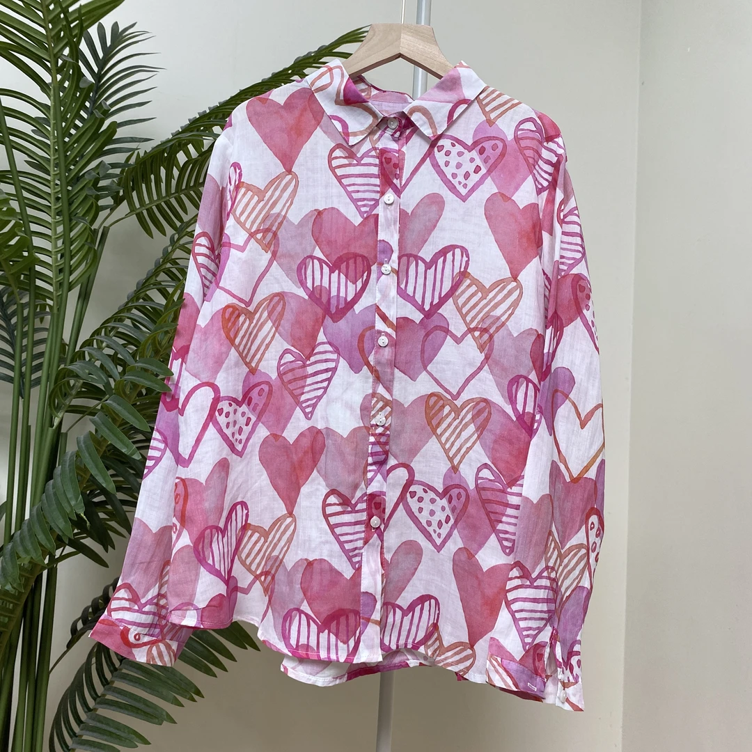 【粉色爱心印花苎麻衬衫】4189