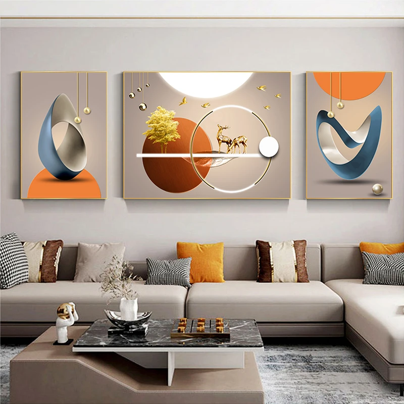 8现代简约客厅装饰画沙发背景墙壁画大气轻奢三联画挂画镶钻晶瓷