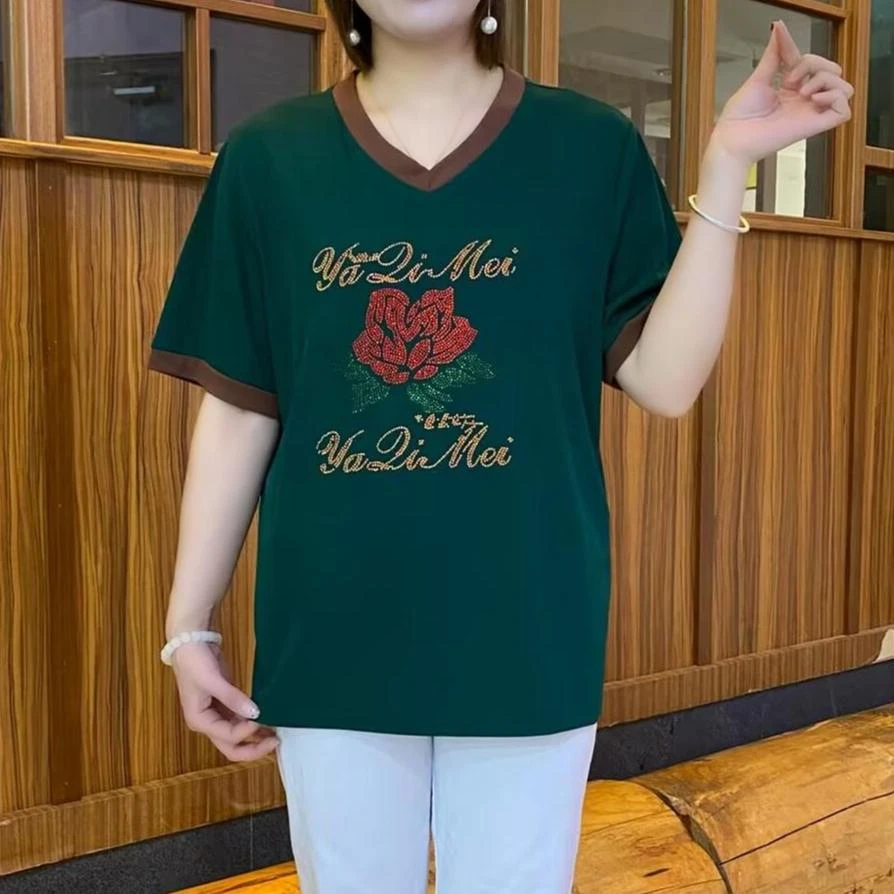 2025夏季短袖新款V领宽松休闲百搭时尚t恤夏季网红大码中老年女装