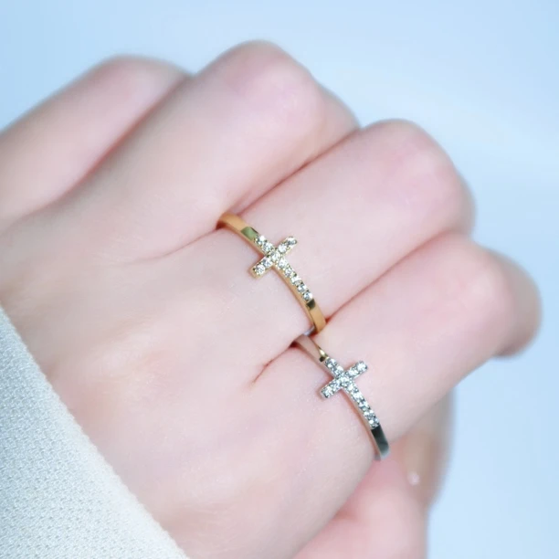 925银合成锆石戒指 “银锆石十字架戒指”S925银克罗心风个性简时尚