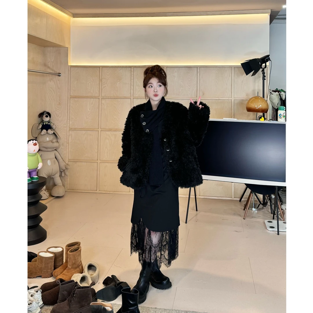 晶咕【黑曜千金！】韩版宽松圈圈毛自带围巾宽松厚气质外套