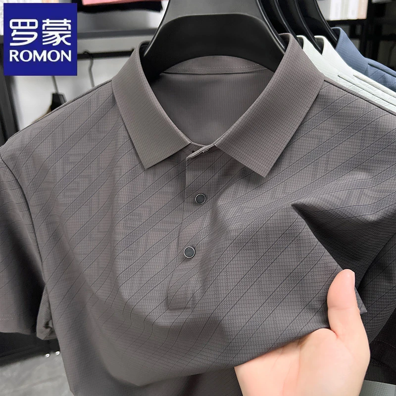 罗蒙休闲渐变斜条纹印花短袖polo衫夏季商务男士时尚翻领潮流t恤