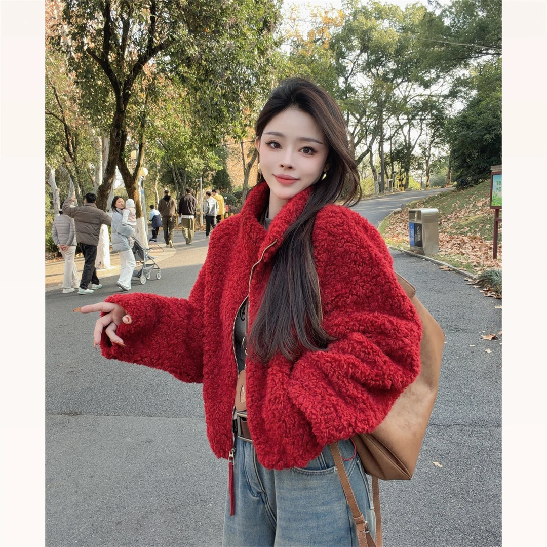 【晓溪服饰】厚款名媛淑女风气质立领宽松小个子毛绒外套女7027