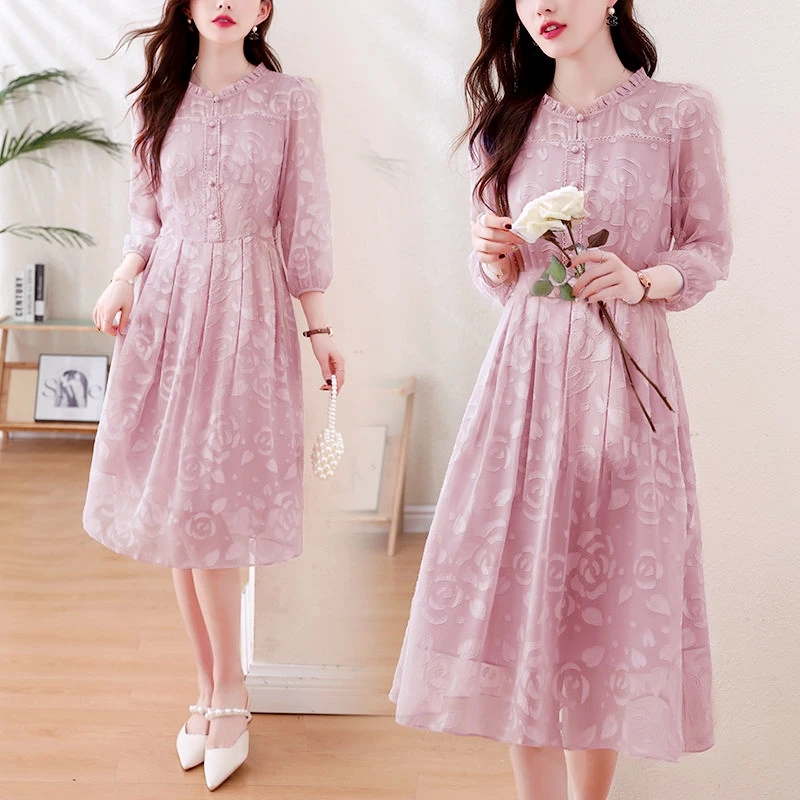 新款高档减龄时尚气质夏轻奢季芙蓉丝连衣裙遮肚显瘦配腰带中长裙