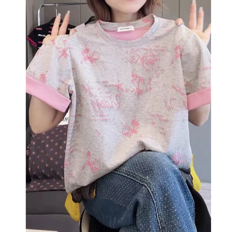韩版ins短袖烧花打底正肩T恤女夏季2025年新款小众设计感修身上衣