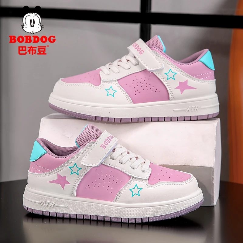 巴布豆童鞋女童运动鞋2025春秋季新款皮面防水儿童中大童儿童板鞋
