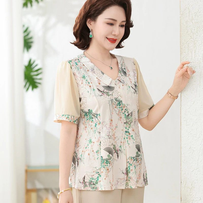 中老年短袖T恤女夏装宽松碎花小衫遮肚子休闲妈妈装夏季2025新款