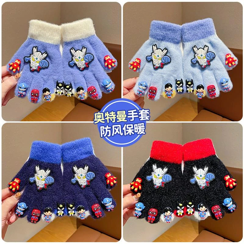 奥特超人儿童手套秋冬季男童卡通保暖五指手套男孩宝写字防冻手套