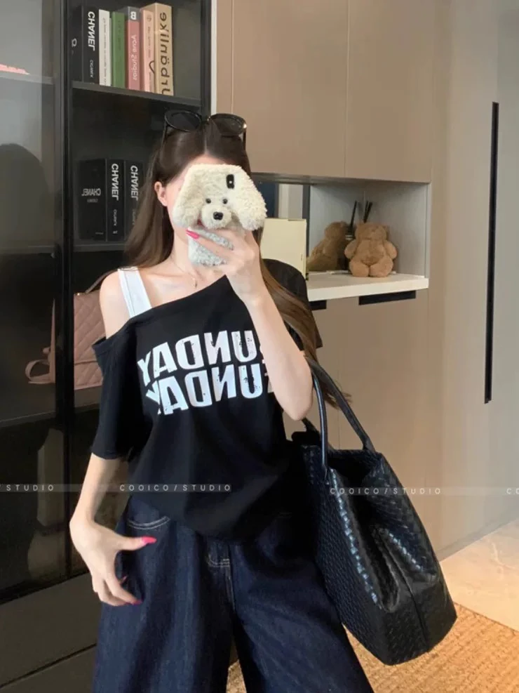 【肉总】新款斜肩字母印花短袖上衣2913