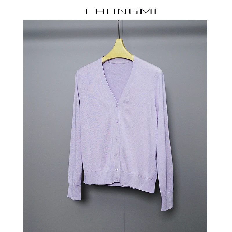 CHONGMI宠弥 桑蚕丝山羊绒针织衫女2025春季新款休闲V领开衫上衣