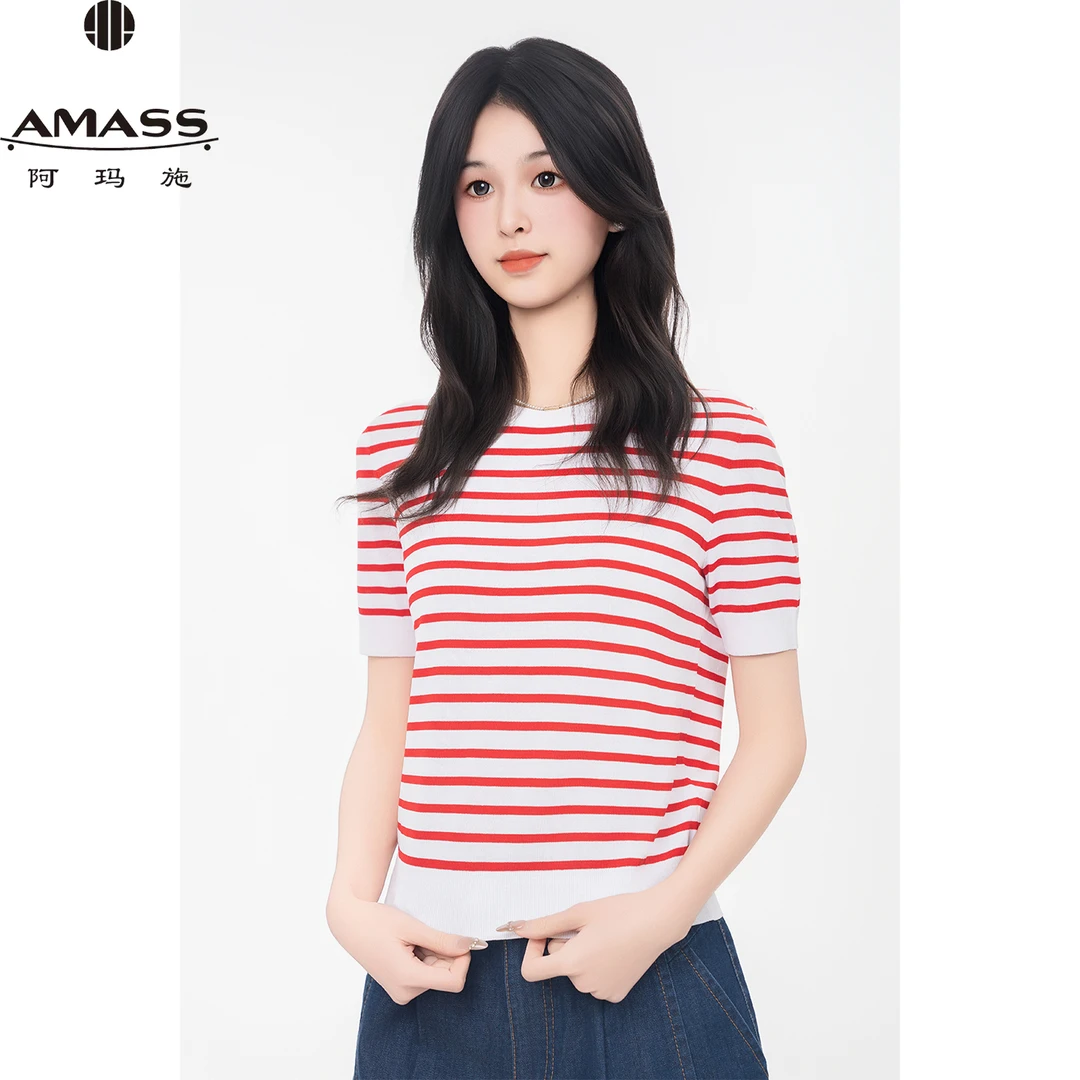 AMASS/阿玛施春夏新款休闲百搭半袖套头圆领条纹针织T恤女5399726