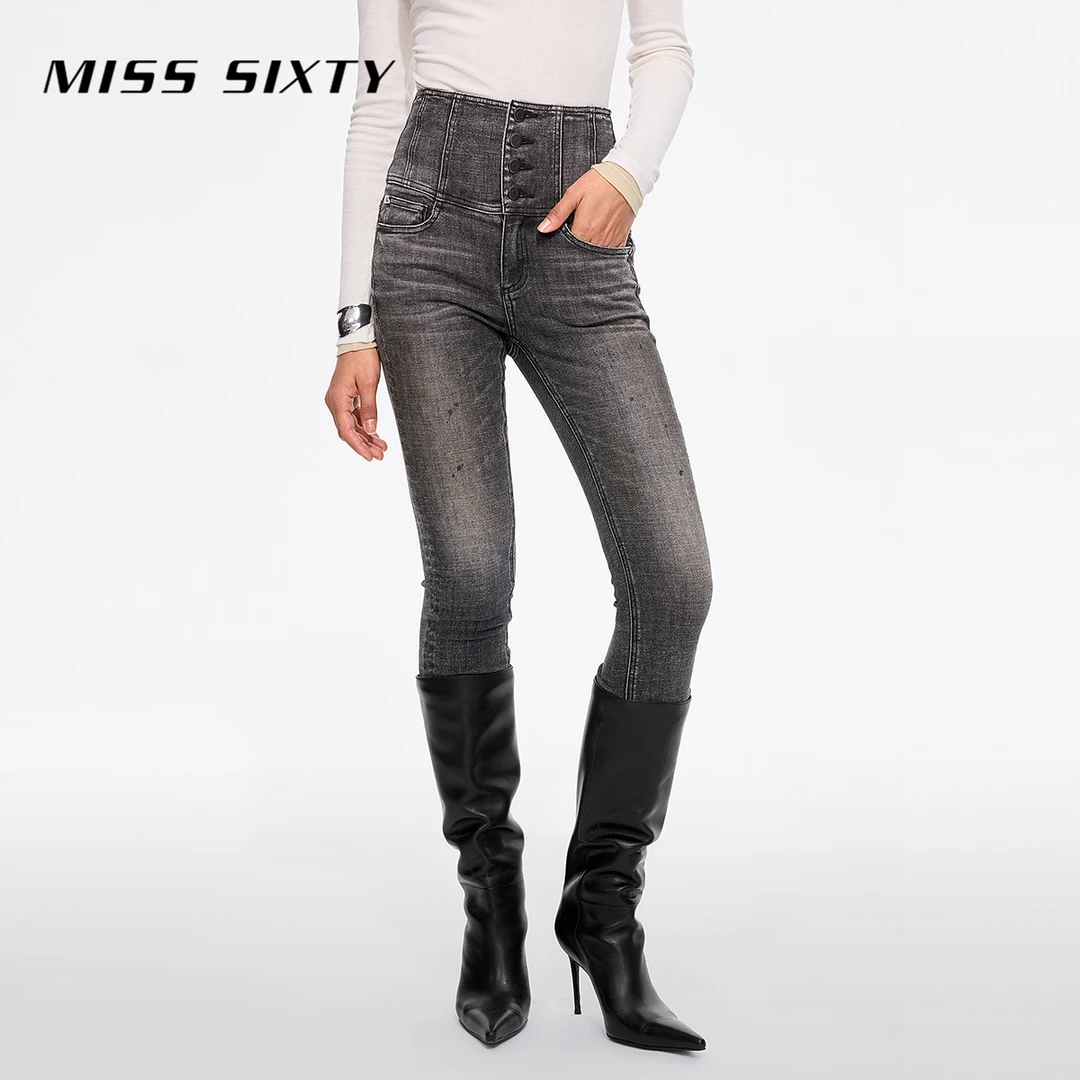 【进口牛仔面料】Miss Sixty2025春季新款牛仔裤女四扣高腰铅笔裤