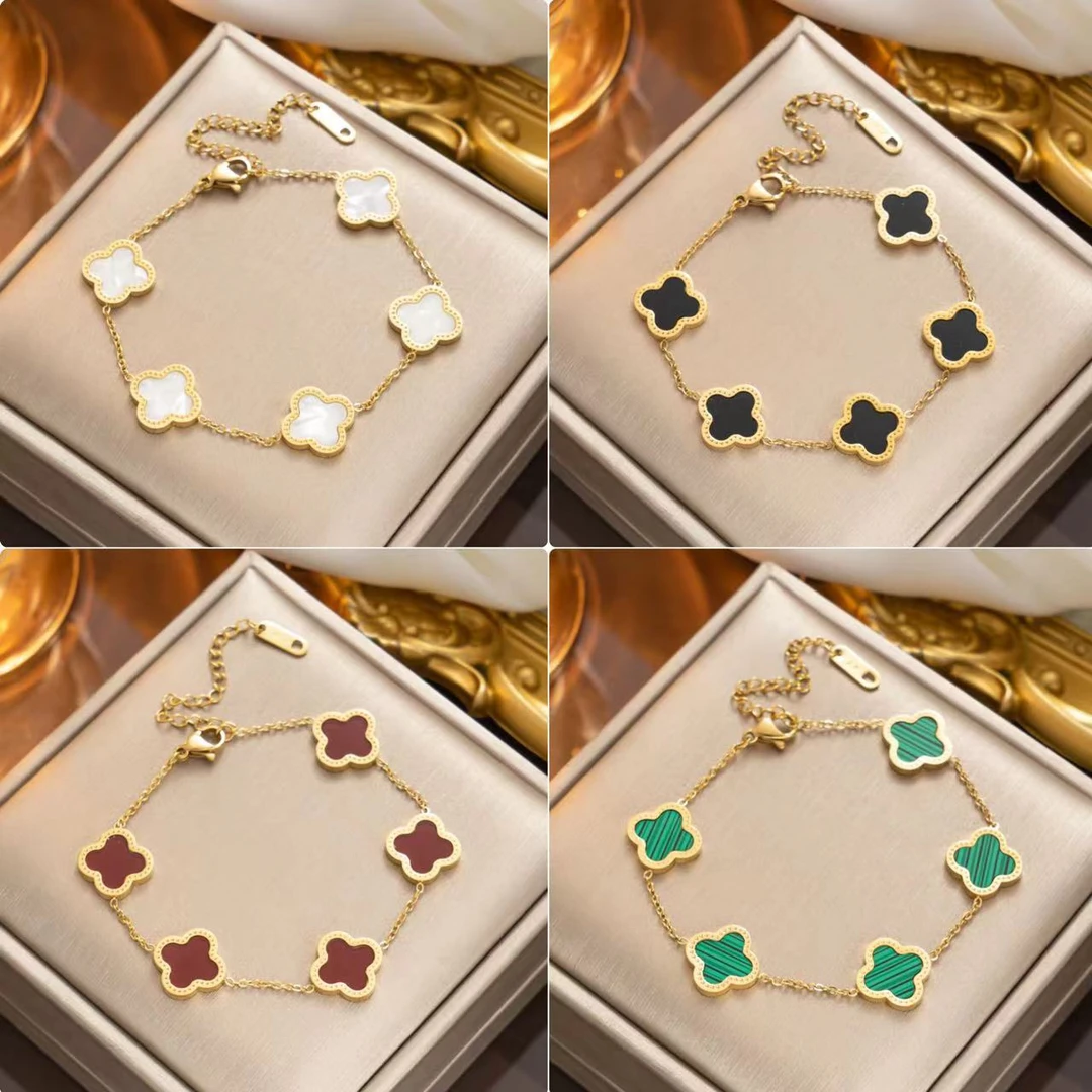 锌合金手链 幸运钛钢四叶草手链轻奢情侣简约手链18k玫瑰金色不
