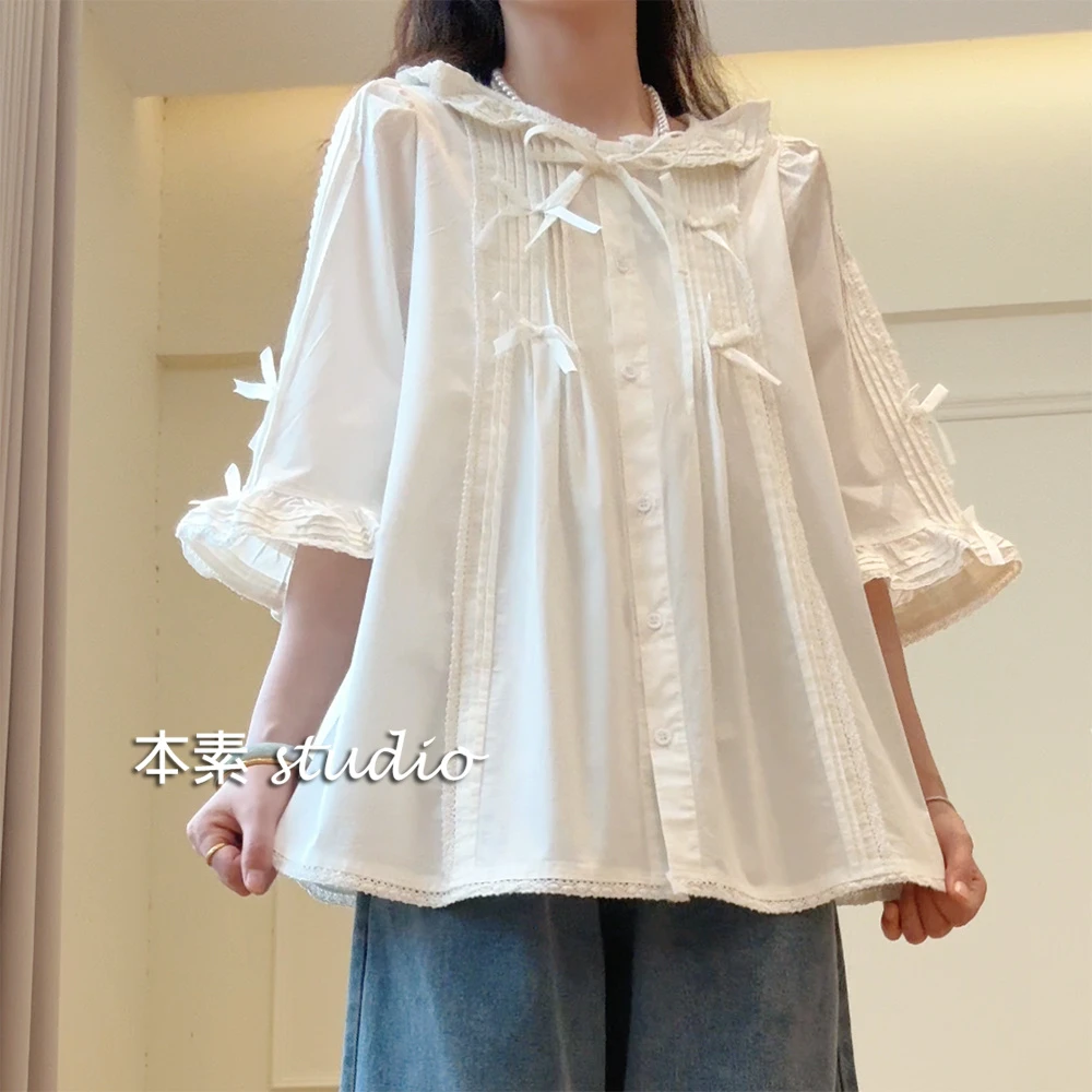蝴蝶结女孩Y2650蝴蝶结风琴褶蕾丝边全开扣系带娃娃领短袖衬衫